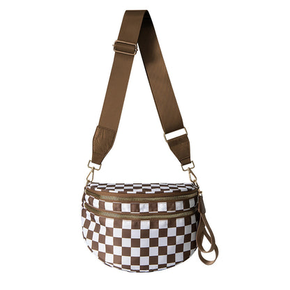 Checked In Oversize Double Zip Checkered Crescent Sling Bag 7