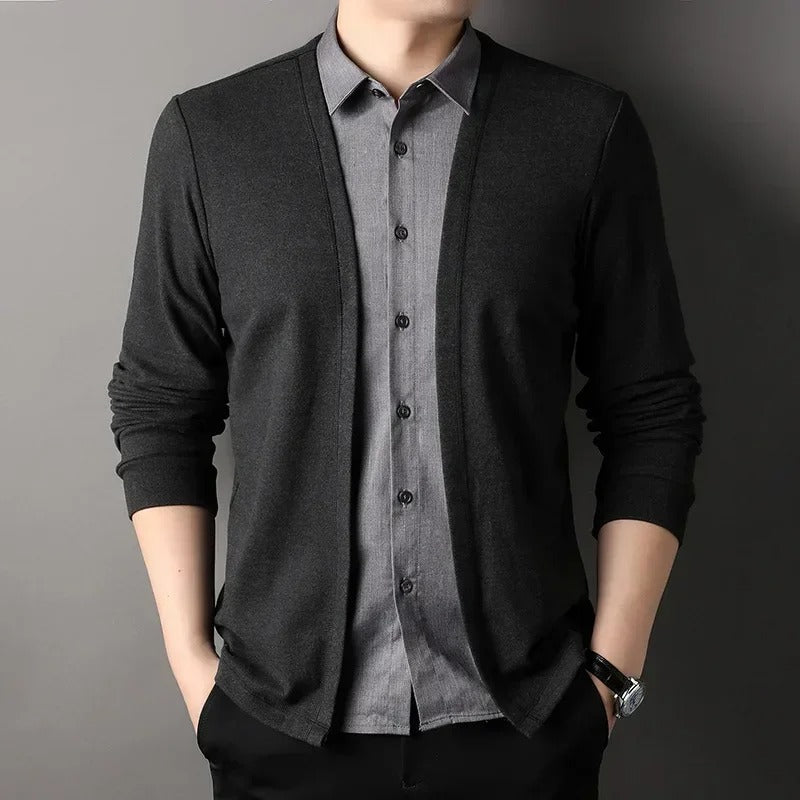 Men's Fake Two Piece Shirt Collar Knitted Cardigan 7