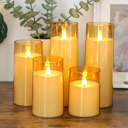 Flickering Gold Glass LED Flameless Pillar Candles with Remote 1