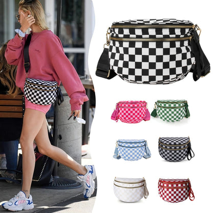 Checked In Oversize Double Zip Checkered Crescent Sling Bag 1