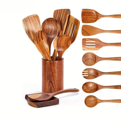 Premium Wooden Kitchen Utensil Set with Holder 1