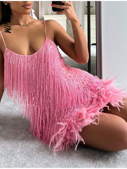 Women's Feather Fringe Sequin Spaghetti Strap Dress 1