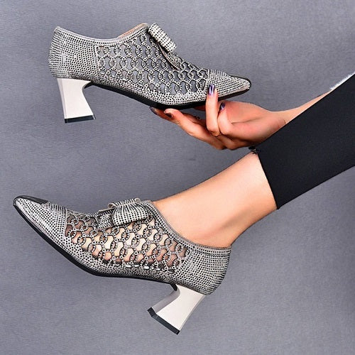 Rhinestone hollow chunky heel shoes 1