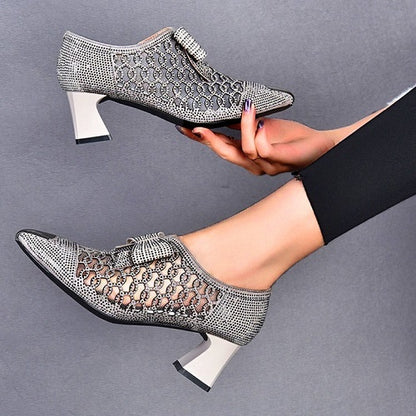 Rhinestone hollow chunky heel shoes 1