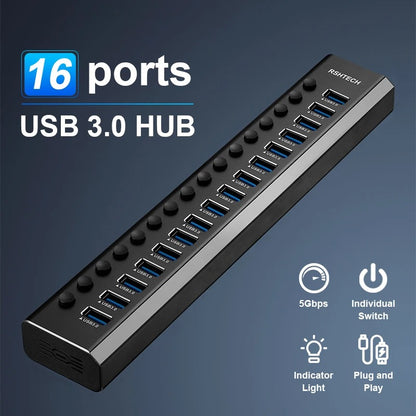 16 Ports USB 3.0 Hub with Individual On/Off Switches Splitter 1