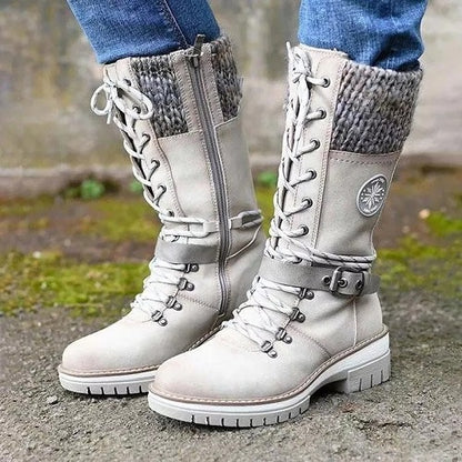 Women Buckle Lace Knitted Mid-calf Boots 1