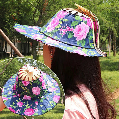 2 in 1 Portable Bamboo Flower Pattern Foldable Fan Hat 1