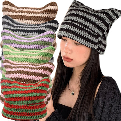Hand Made Horn Detail Striped Knitted Hat 1